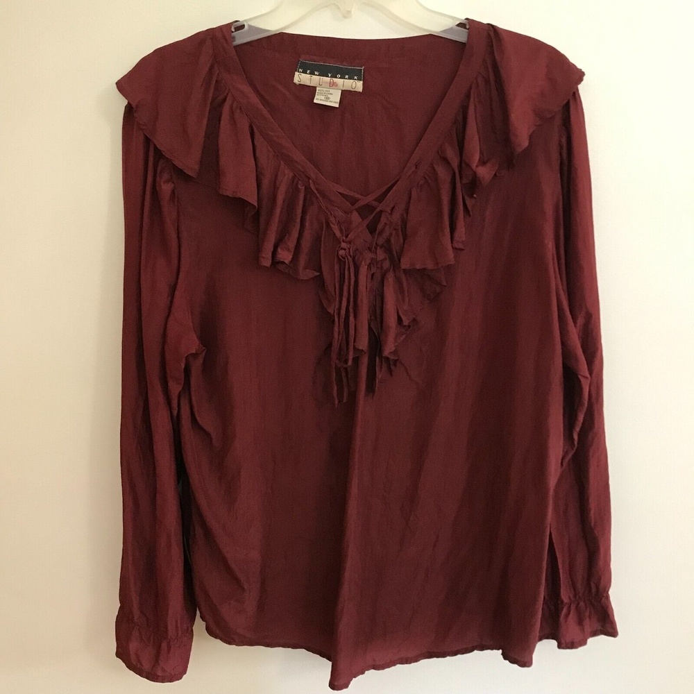 Vintage New York Studio Women's Silk Ruffle Lace Up Top Maroon Burgundy Medium
